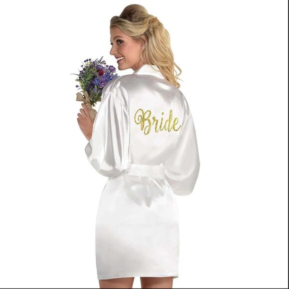 Bride's Robe, One Size, White/Ivory with Gold letters - Picture 1 of 3